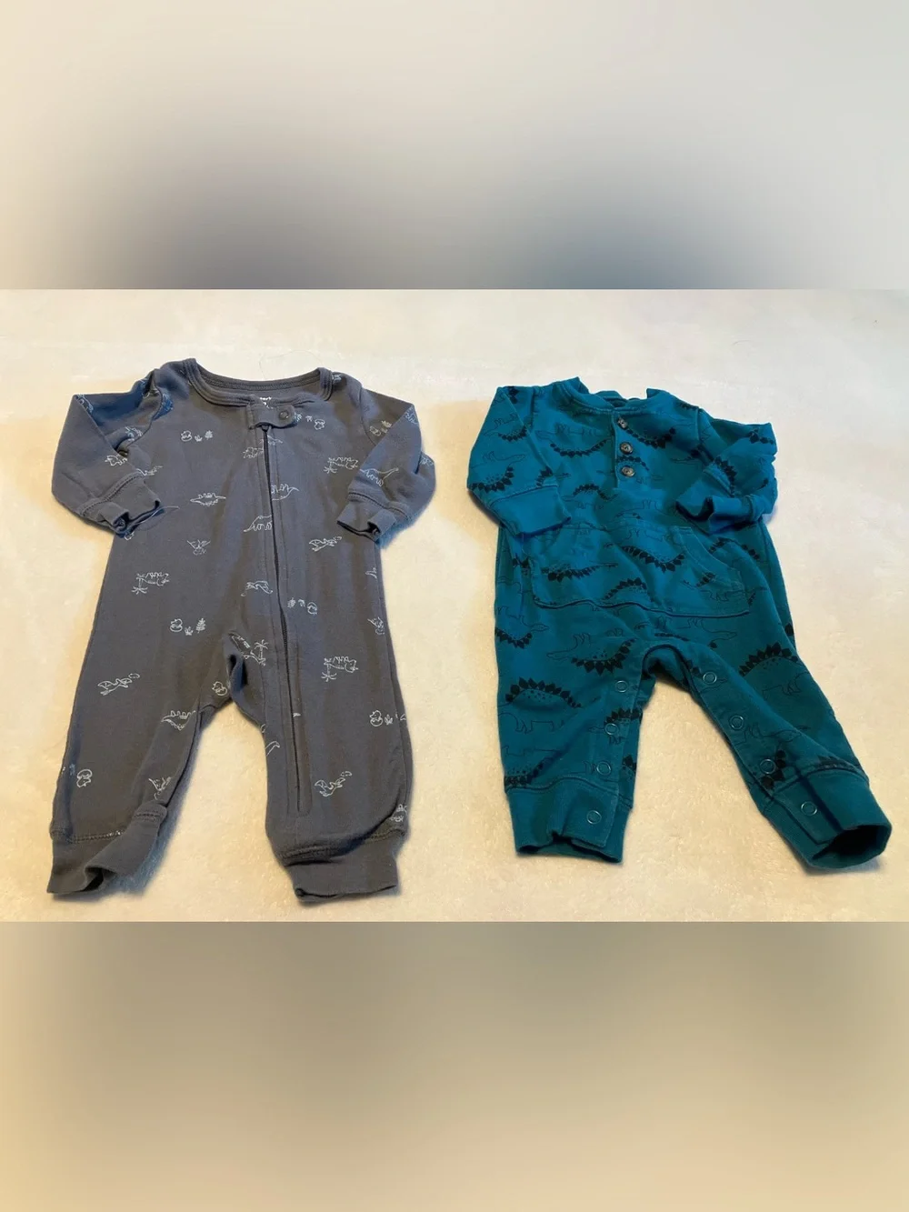 Kids One-Piece Rompers - Gray and Teal Dinosaur Prints